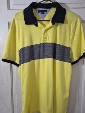 Tommy Hilfiger Bright Yellow Polo with Navy Collar and Gray Chest Band